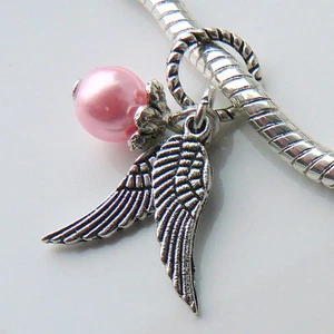 Guardian Angel Wings Charm Bead with Pearl Choice for European bracelet necklace - Picture 1 of 27