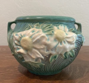 Vintage Roseville Pottery Peony Green Jardiniere with Handles, 661-4" Excellent - Picture 1 of 9