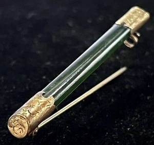 Antique Victorian Nephrite Jade Bar Pin Brooch Floral Etched 10K Caps & Clasp - Picture 1 of 7