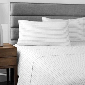 Flannel From Portugal Gray Stripe Flannel Sheet Set 4 Piece Queen 100% Cotton - Picture 1 of 5