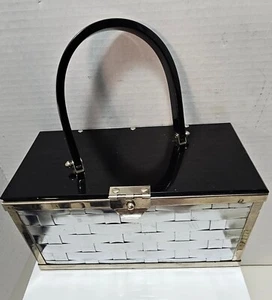 Bolso de Mano Art Deco Vintage Plateado Cesta Tejido Metal Cartera Negro Asa Superior Años 50 - Imagen 1 de 11