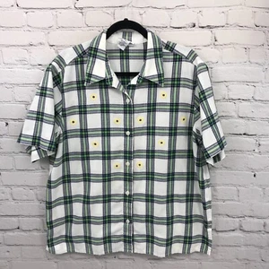 Alfred Dunner Top Womens 1X White Plaid Floral Embroidered Button Up Casual - Picture 1 of 15