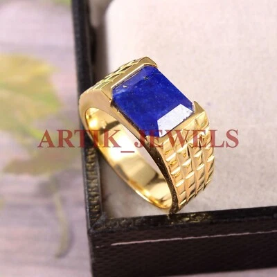 天然 Lapis Lazuli 宝石带 14K 镀金银戒指男式 #2806 — 第 1/4 张图片