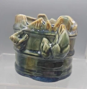 Frosch auf Bambus Keramik Übertopf Schale oval 3 x 2,5 grün glasiert Sukkulenten Pflanzen - Bild 1 von 8