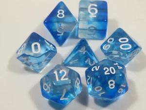NEW RPG Dice Set of 7 - Mysty Clear Blue(White Inking) D4 D6 D8 D10 D12 D20 D00 - Picture 1 of 8