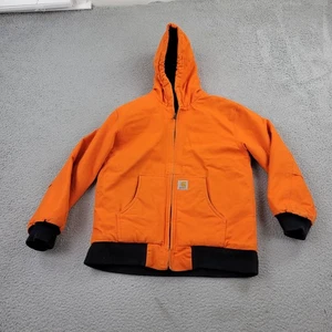 Carhartt Blaze Orange Work Jacket Mens Medium Hood Duck Canvas Quilted Lined - Picture 1 of 15
