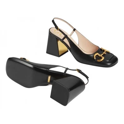 GUCCI Gold Horsebit Black Leather Slingback Heels EU 41, US 11 $1,050 - Image 1 of 4