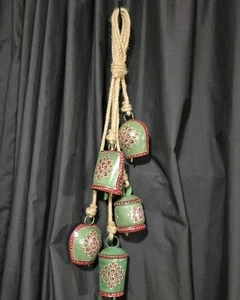 5 Large Hand Painted Hanging Cow Bells Folk India Christmas Colors 2 Ft. Tall. - Picture 1 of 10