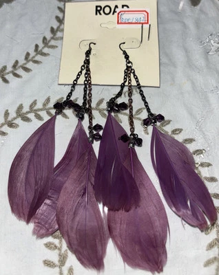 Large Feather Earrings Pierced Ear Shoulder Duster Purple With Rhinestones New - Image 1 of 3