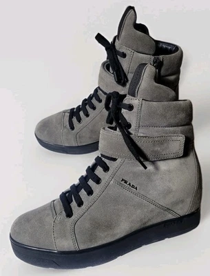 Prada Gris Gamuza Plataforma Cuña Tenis Botines Zapatos Gorpcore 39.5 9 Cuero Foto 1 de 4