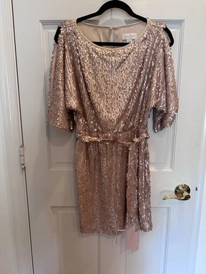 Jessica Simpson Women's Sz S Full Sequin Slit Sleeve Fringed Belt Dress Blush  - Image 1 of 4
