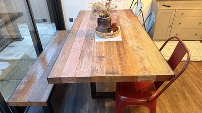 Barker & Stonehouse Reclaimed Wood Dining Table Set Bench & 3 Chairs (£3k New!) - Image 1 of 4