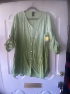 Focus Casual Life Top Green Ombré Button Up Long Sleeve Tunic Coastal Beach - Picture 1 of 8