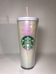 Starbucks 2020 Holiday Sequins Gltter Cold Cup Tumbler Venti White Pink 24 oz. - Picture 1 of 7