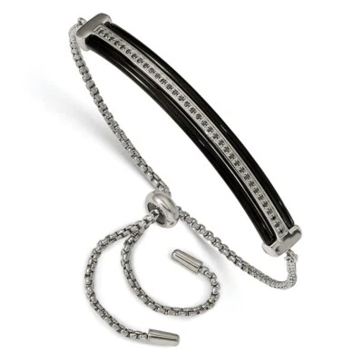 Stainless Steel Polished Black IP-plated w/Black CZ Adjustable Bracelet - Image 1 of 2