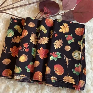 4 Vintage black orange Fall pumpkins cottagecore small tea napkins 13"x13.5" - Picture 1 of 8