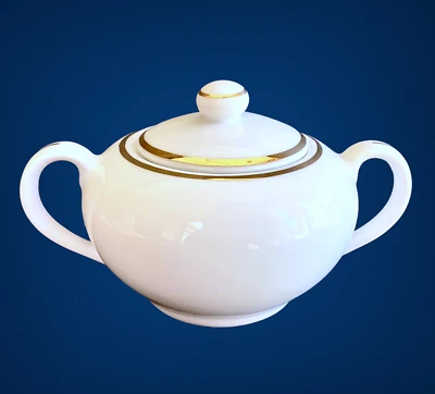 Ten Strawberry Street Covered SUGAR BOWL White w Gold Trim Porcelain - Image 1 of 4