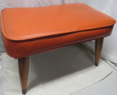 Vintage Mid Century Modern Orange Vinyl Footstool/Ottoman Wood Legs 21"x13"x13" - Image 1 of 4