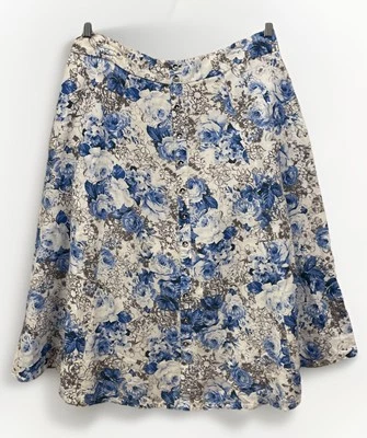 Falda midi Grace Elements azul floral mezcla de lino para mujer talla 12 bolsillos boho Foto 1 de 4