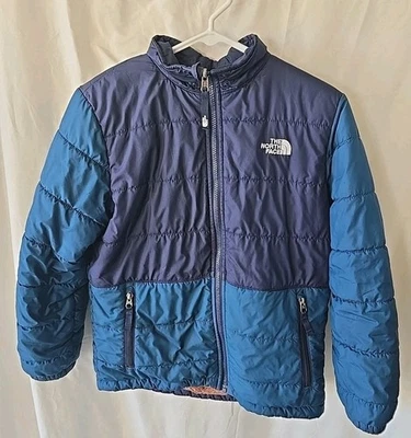 Детская куртка The North Face большая двусторонняя бирюзово-синяя коричневая флисовая пуховик - Изображение 1 из 4