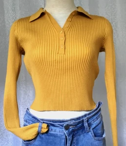 Calvin Klein Ripp Pullover Crop Top Kragen 1/4 offen Langarm senf XS - Bild 1 von 8