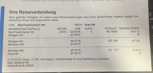 1.Kl. BAHN-Ticket Bad Fr.hall - Graz 23.05-26.05.2025 - Bild 1 von 2