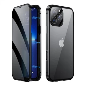 For iPhone 16 Pro Max 15 14 13 Magnetic Metal Privacy Tempered Glass Screen Case - Picture 1 of 18