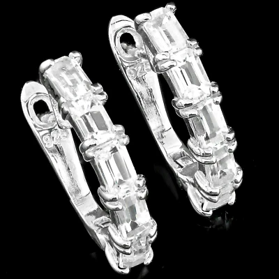 Pendientes brazalete topacio blanco brillante oro 14K en corte esmeralda de ley 3x5 Foto 1 de 4