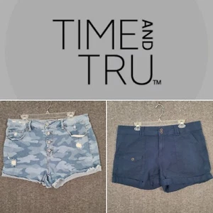 Lot of 2 Time And Tru Shorts Women's 16 Navy Blue Camo Jeans Denim Button Fly - Picture 1 of 18