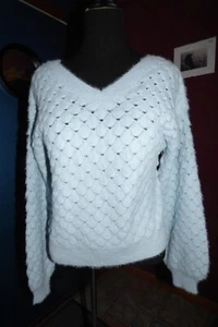 W GOTH BOHO PRAIRIE LIGHT BLUE FUZZY V-NECK LONG SLEEVE PULLOVER SWEATER TOP L - Picture 1 of 8