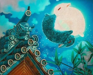 Rabbits moon, rabbits art, Original fantasy artwork oil painting, 16''x20" - Picture 1 of 7