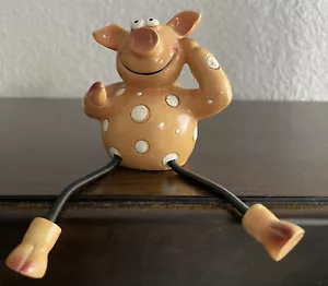 Anthropomorphic Resin Pig Shelf Sitter W/ Dangling Elastic Legs Polka Dots - Picture 1 of 8