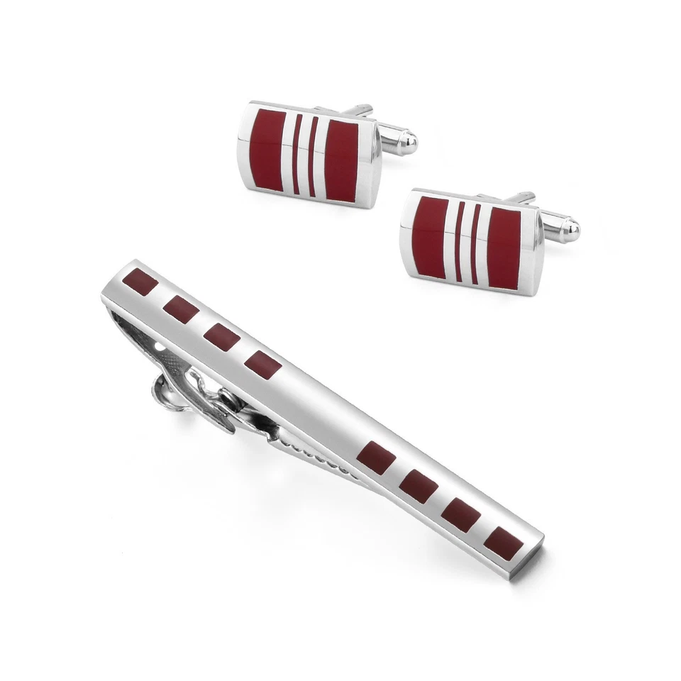 Men Silver Plated Copper Cuff Links Red EnamelClassic Wedding Jewelry Tie Clip - Image 1 of 4