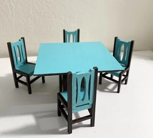Mid Century Dining Table And 4 Chairs 1:12 Scale Dollhouse Miniature Blue Brown - Picture 1 of 9