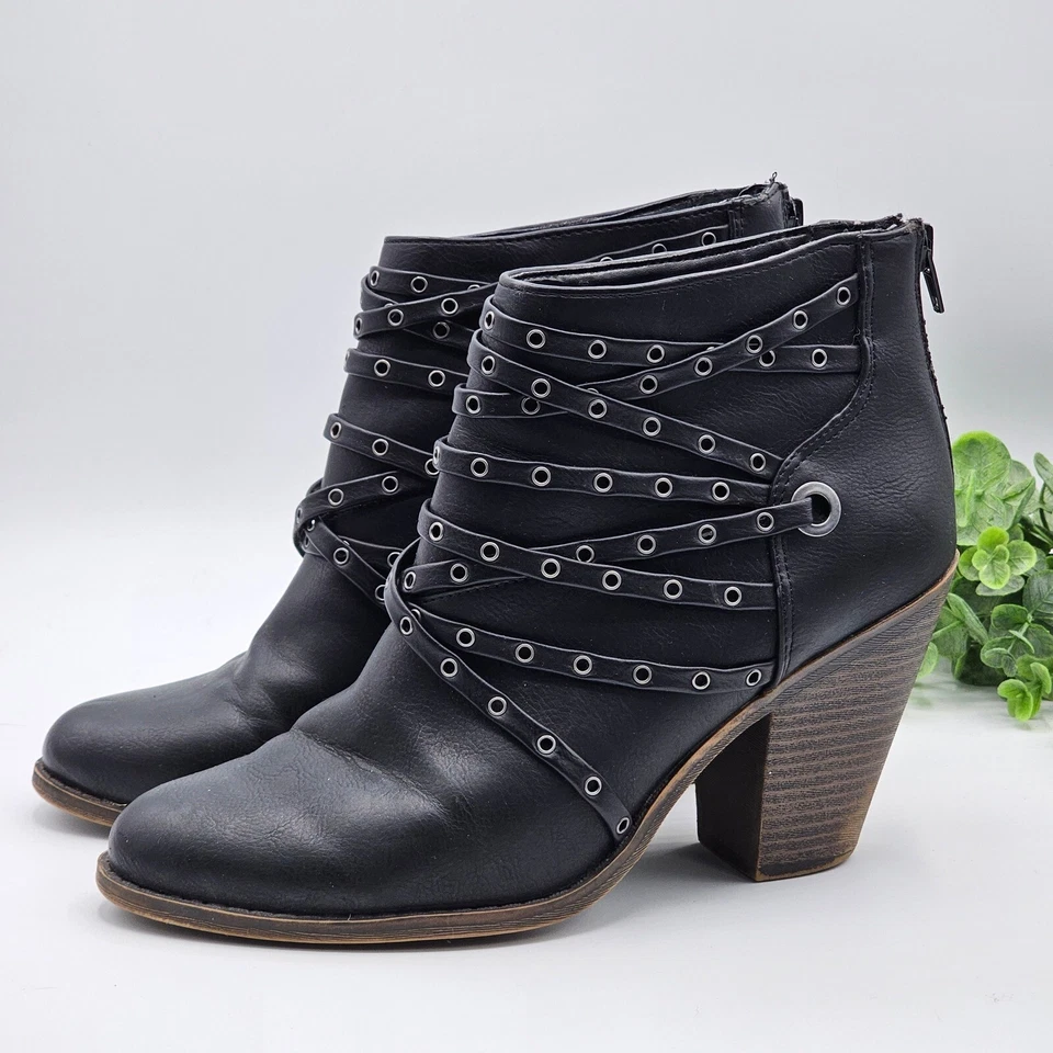 Fergalicious Fergie Windy Black Heeled Ankle Boots Women's 8.5M Studded Straps - Image 1 of 4