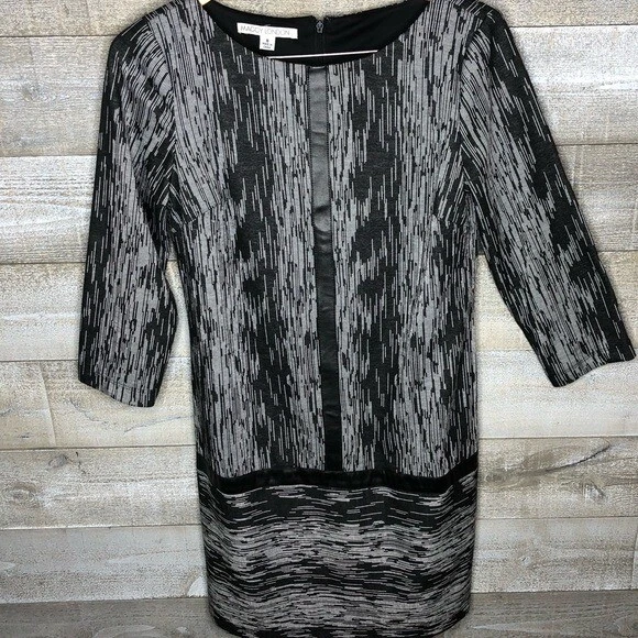 Vestido midi de oficina Maggy London talla 8 negro imitación cuero parche en el codo Foto 1 de 3