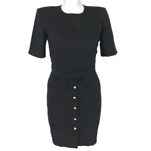 Vintage Hype Dress Black Size 14 Pencil Short Sleeve Bow Waist Button Front 80s - Picture 1 of 13