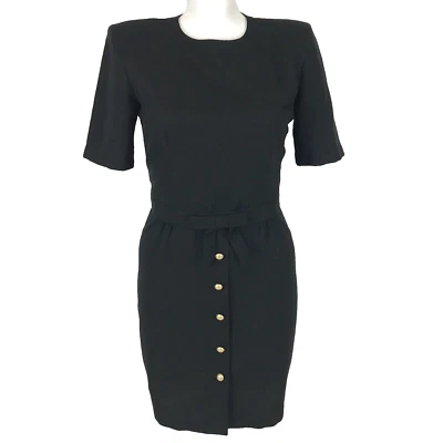Vintage Hype Dress Black Size 14 Pencil Short Sleeve Bow Waist Button Front 80s - image 1 of 4