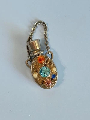 Dije de botella de perfume vintage de diamantes de imitación plateados con Dauber y mini cadena Foto 1 de 4