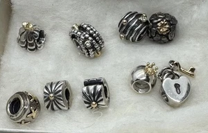 Lot Of 9 Pandora, Sterling/14k Two Tone, Charms, Bead, Dangle, Clip, Tree, Crown - Picture 1 of 10