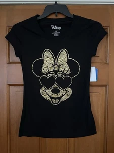 Disney Girls Minney Mouse Black & Gold Glitter Short Sleeve T-Shirt Size Medium - Picture 1 of 6