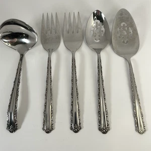Oneida Deluxe Cherie Serving Set of 5 - Spoon 2 Forks Pie Lifter Gravy Ladle USA - Foto 1 di 9