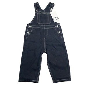 NWT Zara Infant 9-12 month Black Denim Overalls Contrast Stitching Hipster - Picture 1 of 7