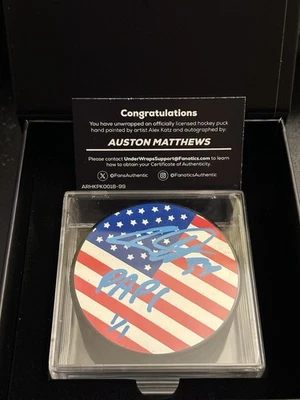 2025 Fanatics Under Wraps Auston Matthews SIGNED INSCRIBED "PAPI" ART Puck 1/1 - Image 1 of 4