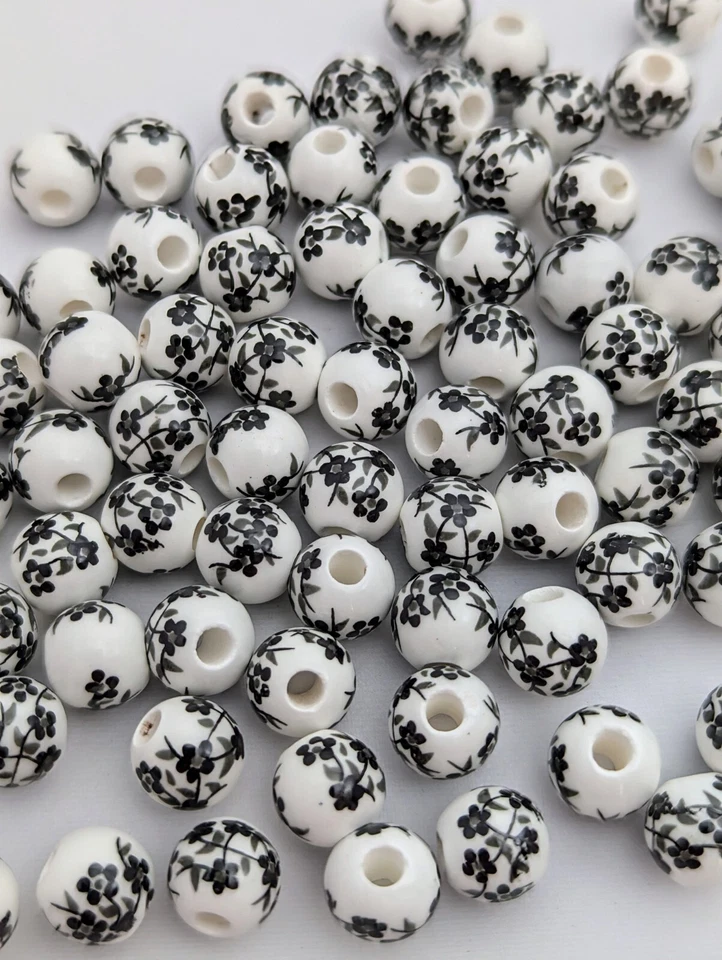 20 Ceramic Beads, 8mm, Round, 2mm Holes, Black And White - Image 1 of 1