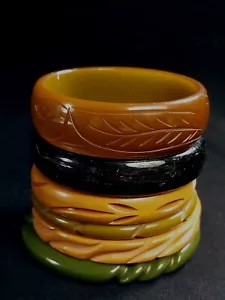 Vintage Stack Set 6 Bakelite Bangle Bracelets Cuff Lot Carved Green Brown Amber - Picture 1 of 16