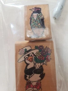 Lot of 2 Penguin dressed up and flowers  rubber stamps #156 - Picture 1 of 3