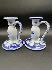 Tiffany Candlestick Holder Set Made in Italy Blue White Floral Handled 6"x4” - Picture 1 of 8