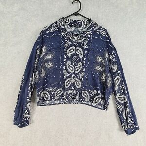 ZARA Top Blouse Womens Large L Blue White Long Sleeve Boho Floral Button Casual