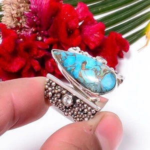 Copper Blue Turquoise & White Topaz 925 Sterling Silver Handmade Ring s.9 Sku44 - Picture 1 of 3